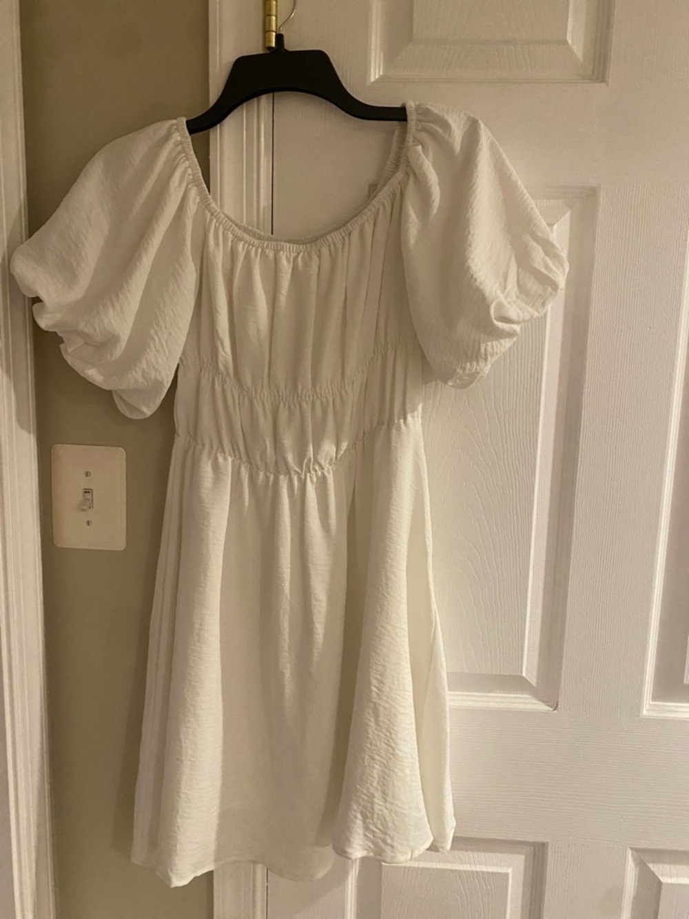 Textured White Puff-Sleeve Mini Dress